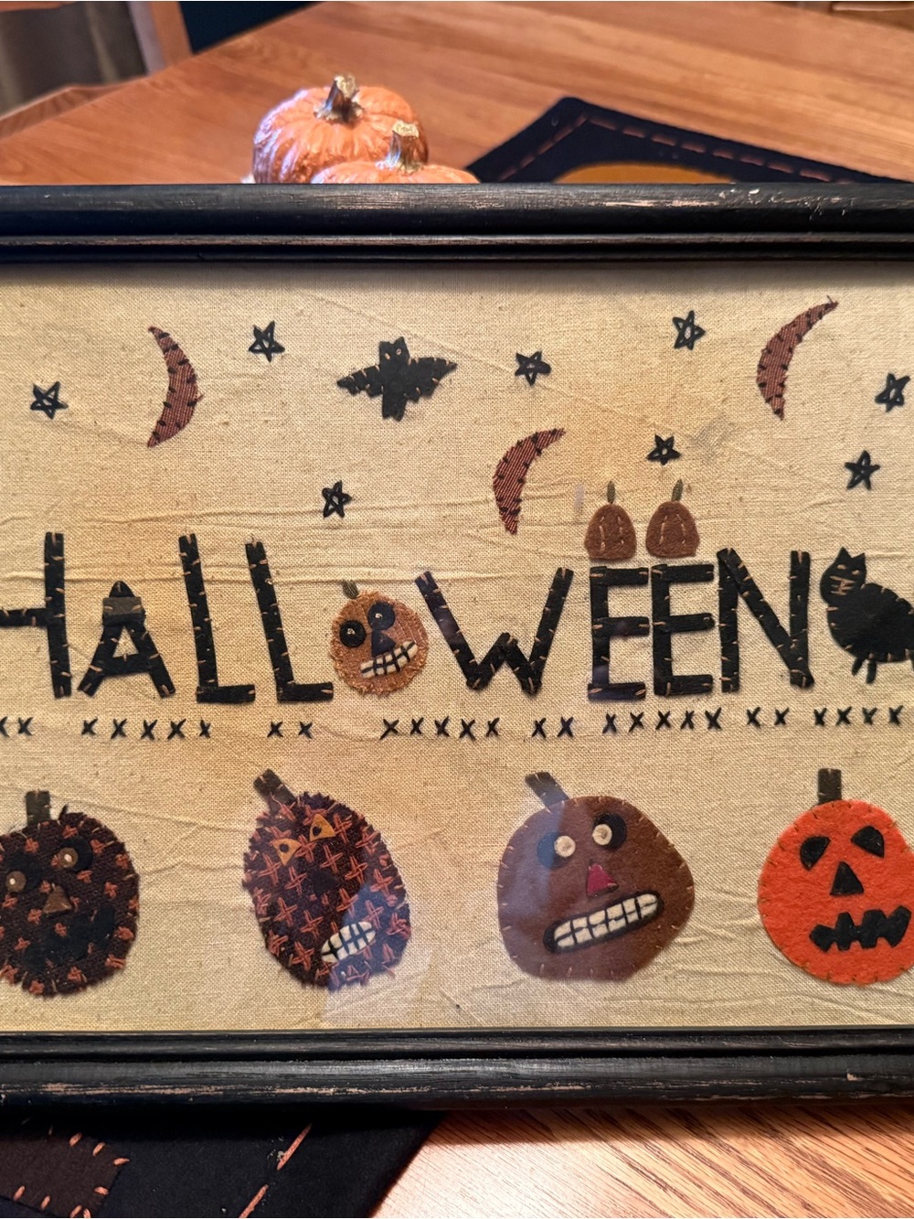 Halloween Pumpkin Wall Art - Black and Orange Rustic Fabric Sign